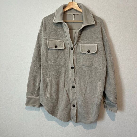 Free People Beige Gray Fleece Oversized Button Down Ruby Jacket Women's Size XS - Picture 3 of 7